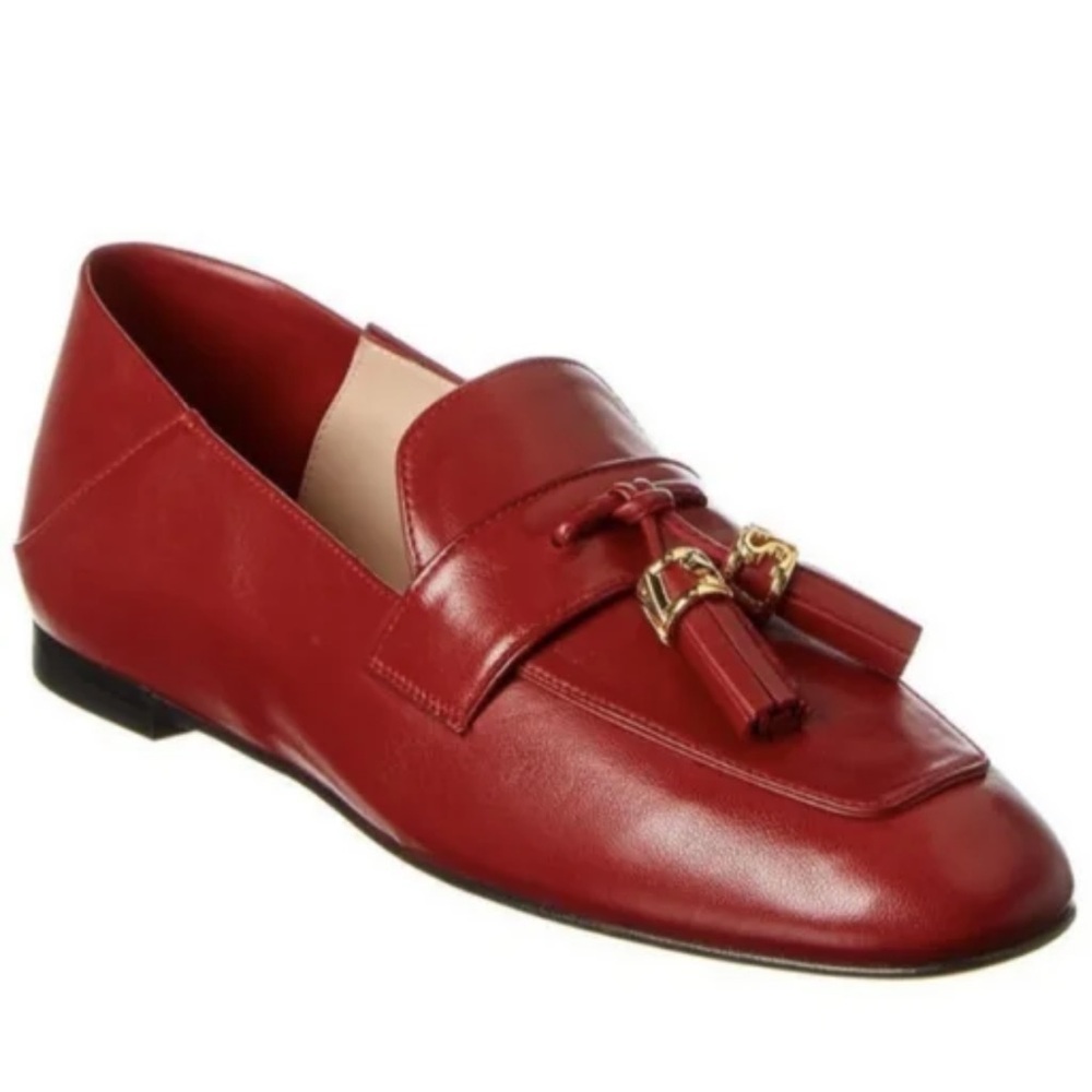Stuart Weitzman Wylie Foldable Signature Leather Loafers Tassle Logo Flats Red